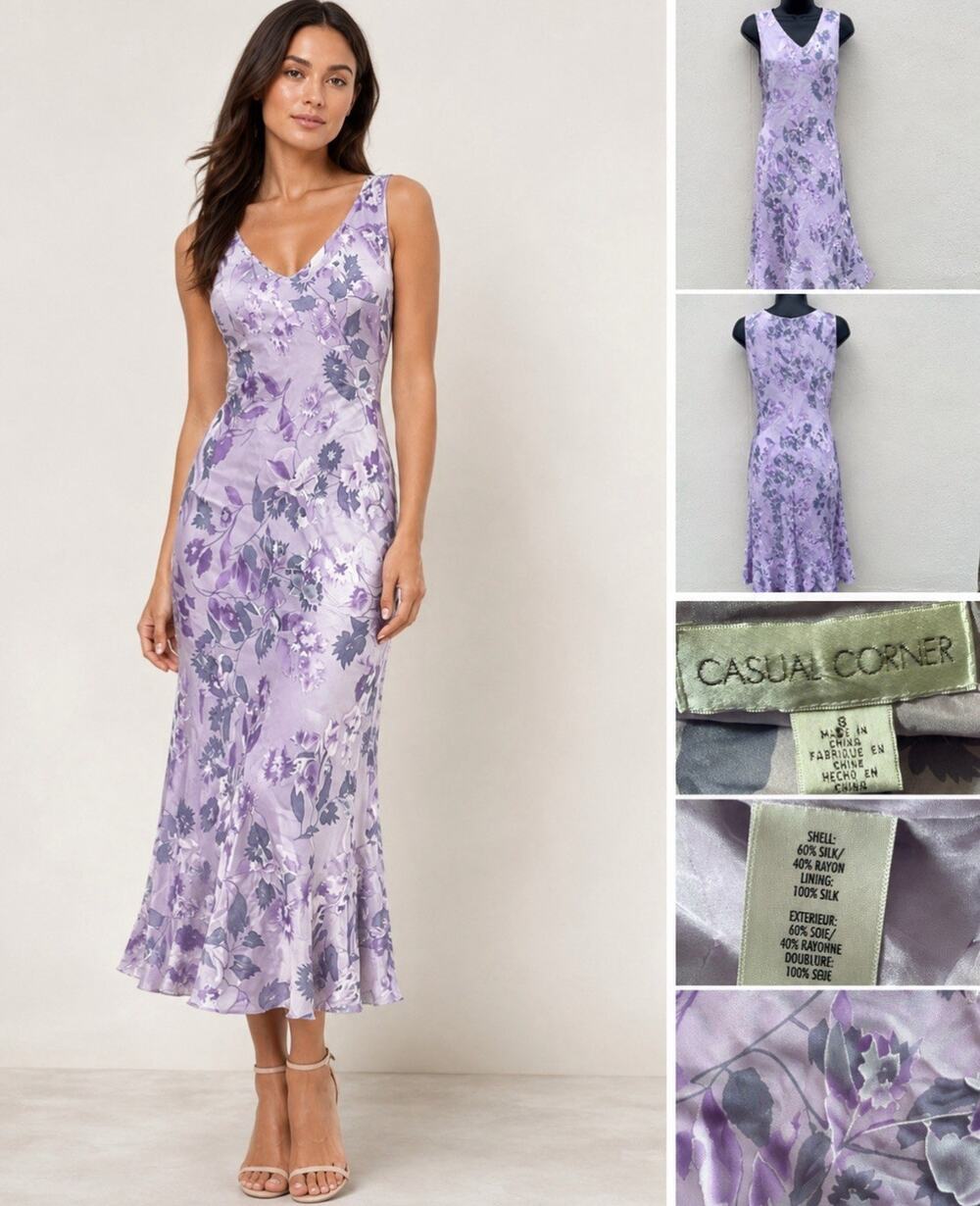 Vintage Y2k Casual Corner Fit & Flare Midi Dress Size Small Lavender Floral Silk